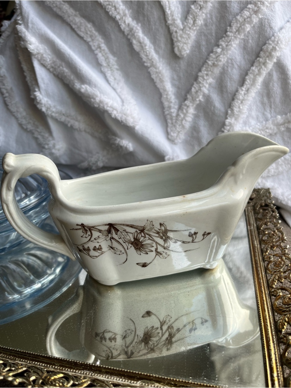 Antique Brown Transferware Floral White Ceramic Gravy Boat